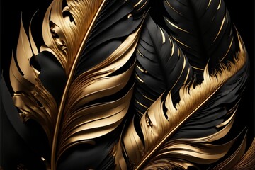 Black and gold feathers background as beautiful abstract Generative AI