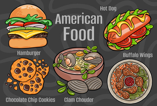 American food. A set of classic dishes. Cartoon hand drawn illustration.