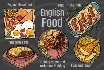 English food. A set of classic dishes. Cartoon hand drawn illustration.