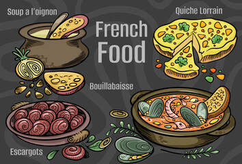 French food. A set of classic dishes. Cartoon hand drawn illustration.