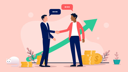 Successful business deal - Two men shaking hands and having  a profitable agreement in front of green arrow pointing up towards success. Flat design vector illustration