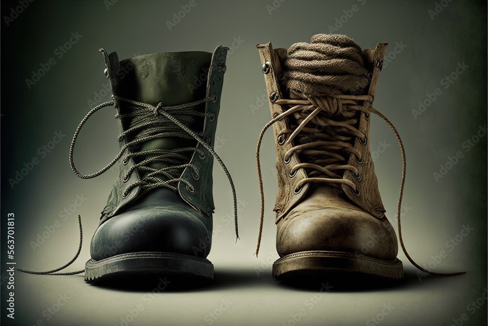 Poster a pair of boots with laces on them are shown in a photo with a green background and a black one with