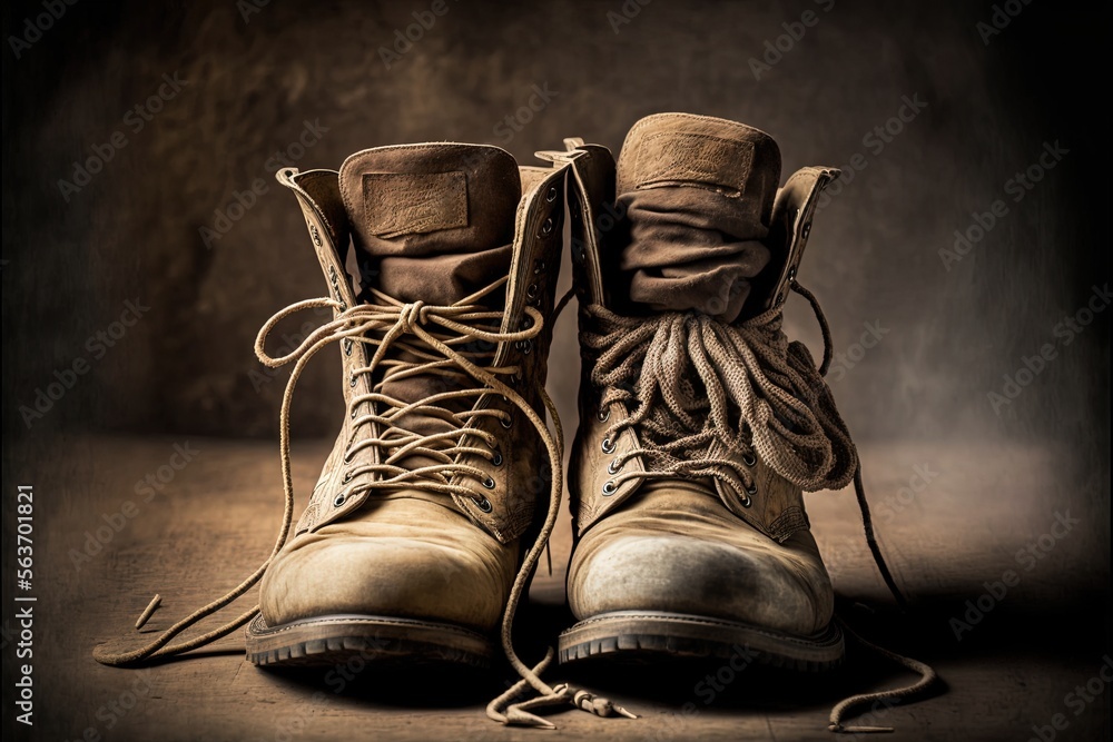 Poster a pair of worn out boots sitting on a table top with a dark background and a brown wall behind them,