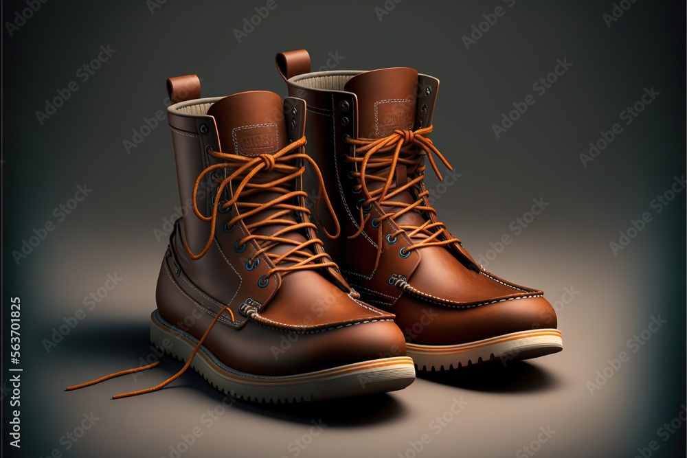 Poster a pair of brown boots with laces on them on a dark background with a shadow of the shoe on the groun