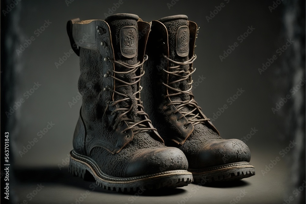 Poster a pair of dirty boots sitting on top of a table next to a wall with a black background and a black b