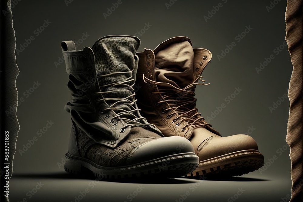 Poster a pair of boots sitting on top of a wooden floor next to a roped off wall with a black background be