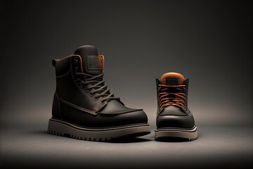  a pair of black boots with brown laces on them on a dark background with a shadow of the shoe and the sole of the shoe is slightly visible shoe, with a brown sole. , AI Generative AI - obrazy, fototapety, plakaty