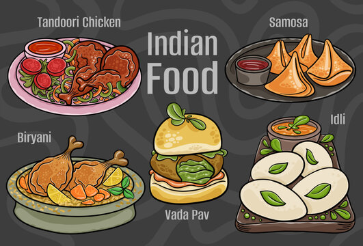 Indian food. A set of classic dishes. Cartoon hand drawn illustration.