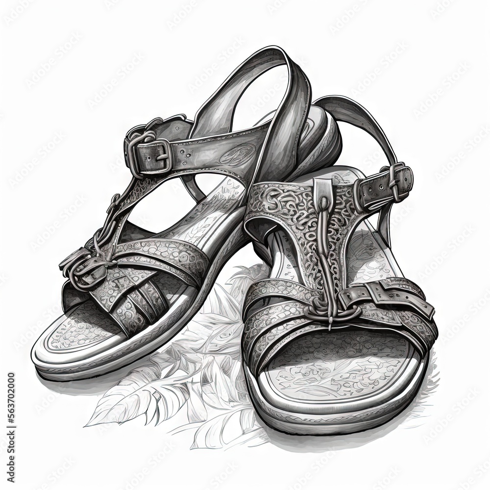 Poster  a drawing of a pair of shoes on the ground with a flower in the background and a white background with a black border around the shoe and the bottom  Generative AI