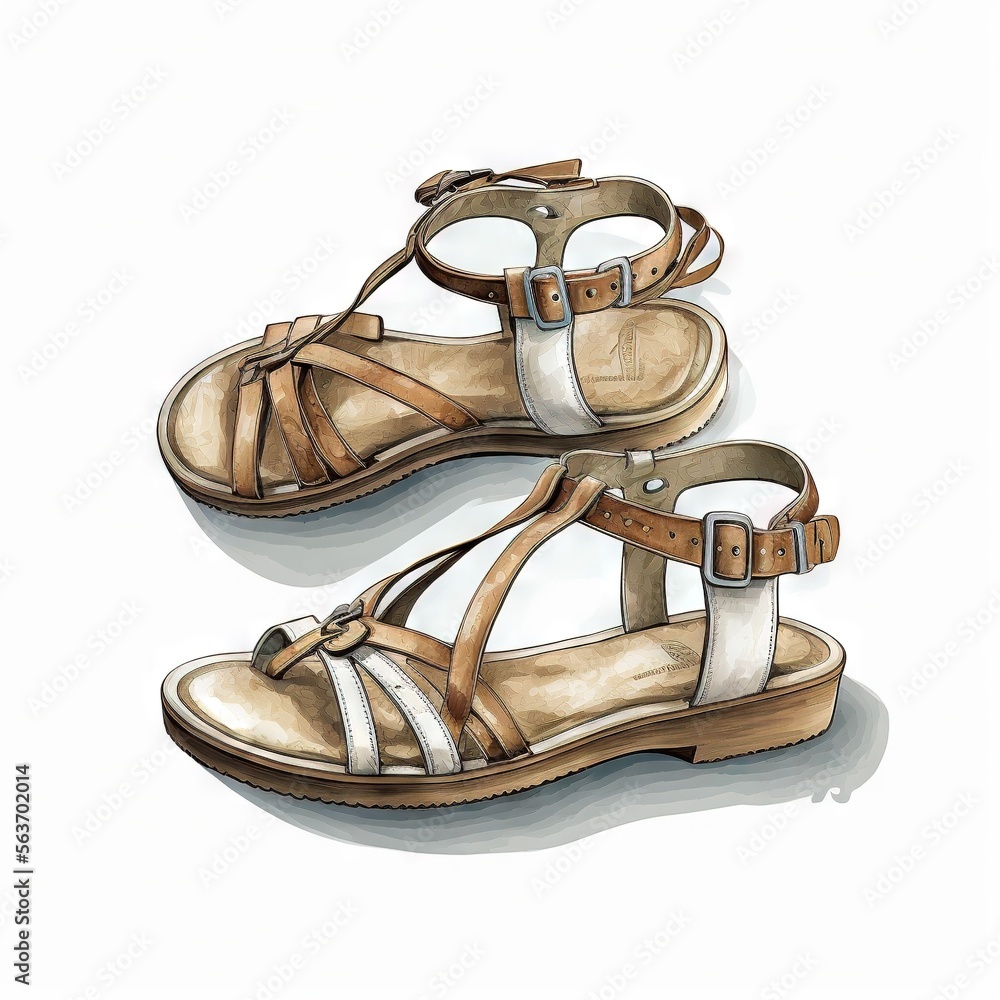 Poster a pair of sandals with straps on a white background, with a shadow of the shoe and the bottom part o