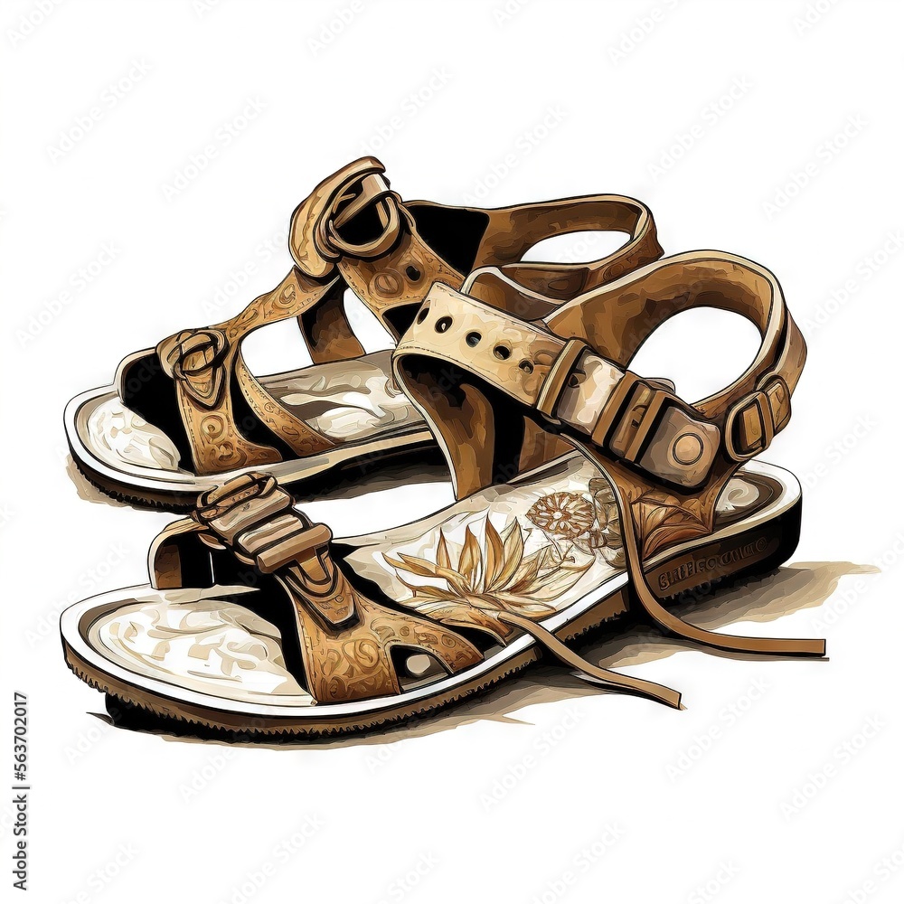 Poster a pair of sandals with a flower design on them, on a white background, with a clipping path to the b