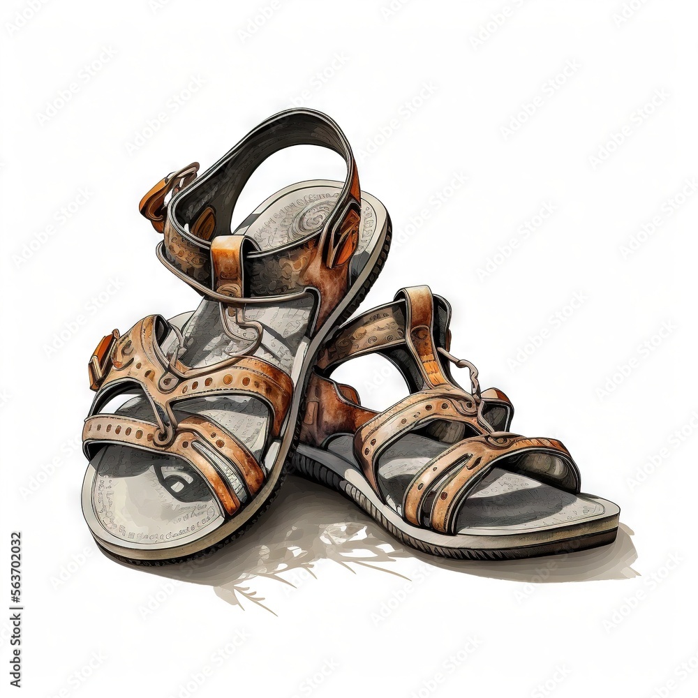 Poster a pair of sandals with straps on a white background with shadow from the shoe on the ground, with a 