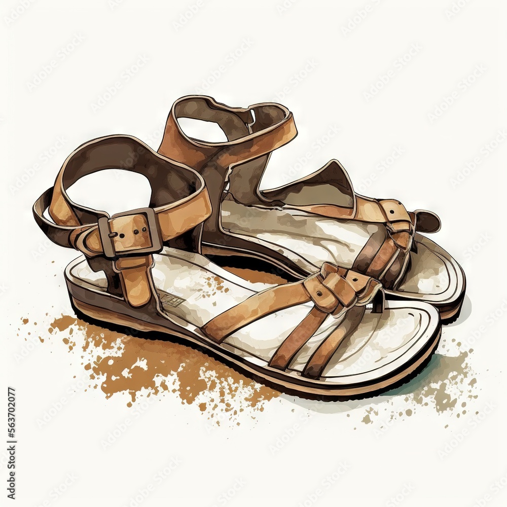 Poster a pair of sandals with straps on a dirty ground with a splash of paint on the floor and a white back