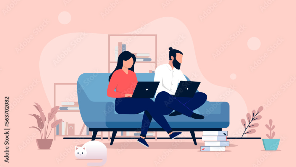 Poster couple working from home - man and woman sitting in couch with laptop computers doing remote work to