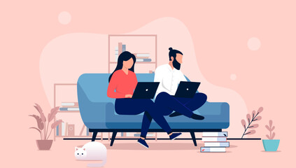 Couple working from home - Man and woman sitting in couch with laptop computers doing remote work together. Flat design vector illustration