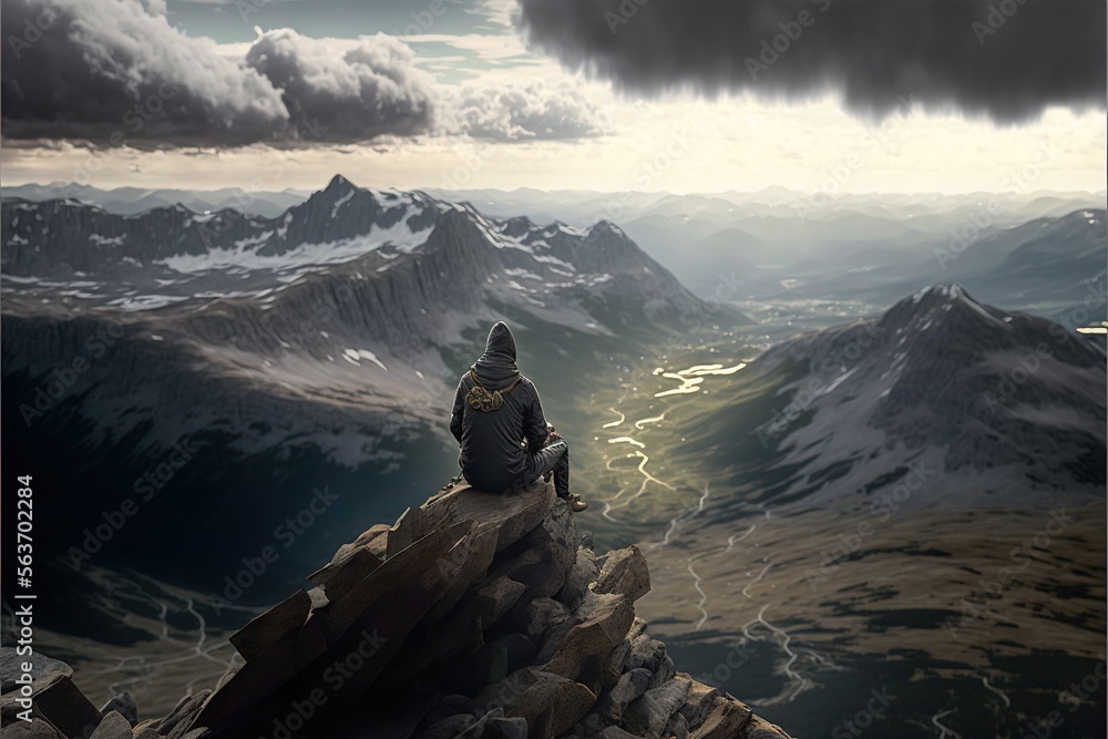 Poster a man sitting on top of a mountain looking at a valley below him with a river running through it and