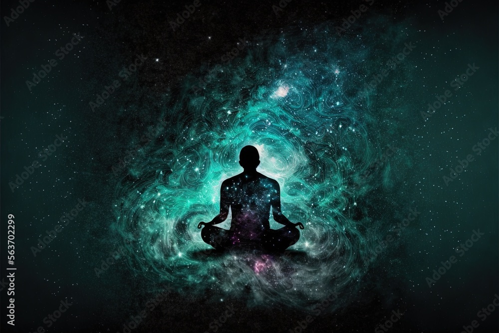 Poster a person sitting in a lotus position in front of a green and blue background with stars and a star c