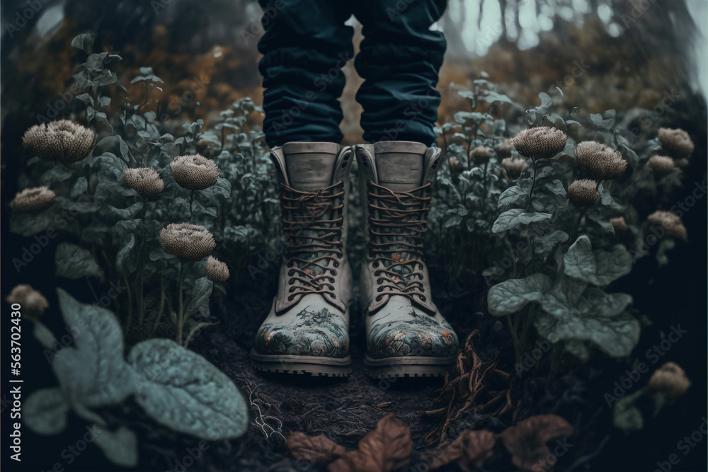 Poster a person standing in a field of flowers with boots on their feet and a forest background with flower
