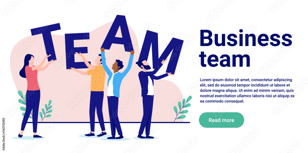 Poster business team web banner -four people holding up letters as a metaphor for teamwork. flat design vec