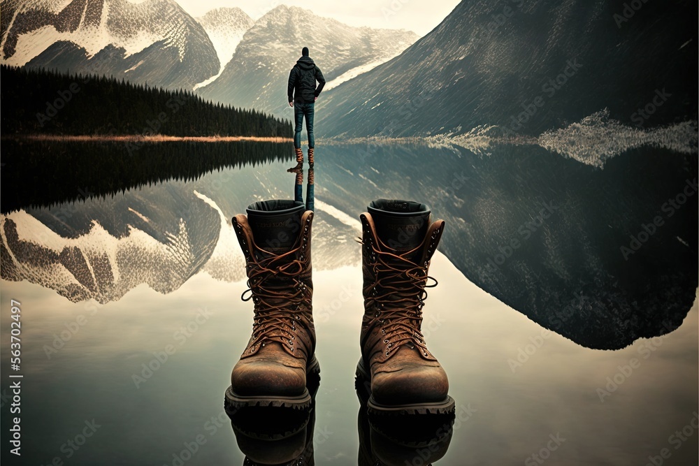 Poster a person standing on a lake with a pair of boots on it's feet and a mountain in the background with 
