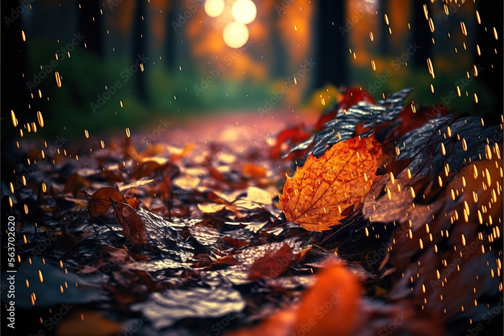 Poster a picture of a rain covered road with a umbrella in the rain and leaves on the ground and trees in t