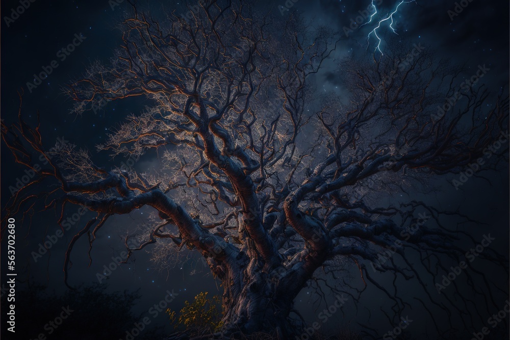 Poster a tree with a lightning bolt in the background and a dark sky with clouds and stars above it, with a