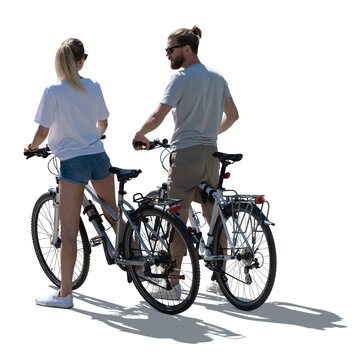 Backlit photo of a man and woman with bikes stopping and taking a break and talking isolated on white background