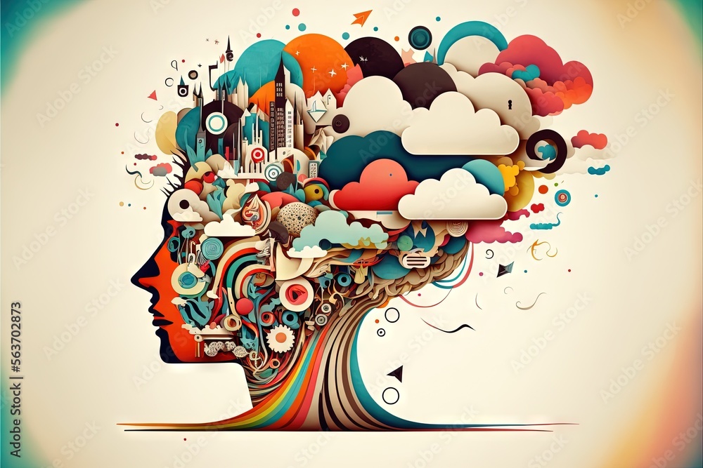 Poster a person's head with a colorful design on it's side and a castle in the background with clouds and s