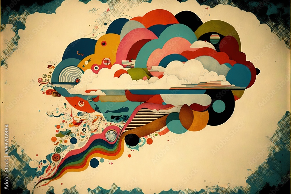 Poster a painting of a cloud with a boat in it's center and a sky background with clouds and a rainbow colo