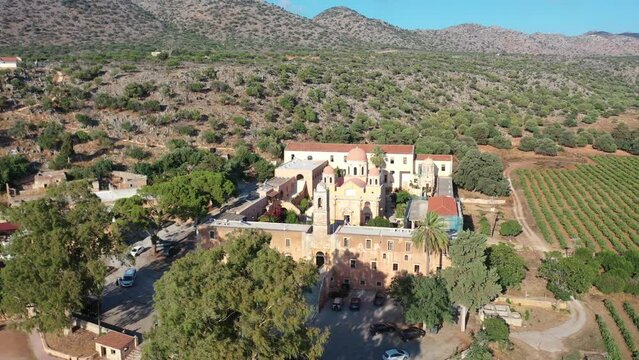 Agia Triada Monastery or the Monastery of Agia Triada Tsangarolon is a Greek Orthodox monastery in the Akrotiri peninsula in the Chania regional unit, Crete, Greece video from above by drone.