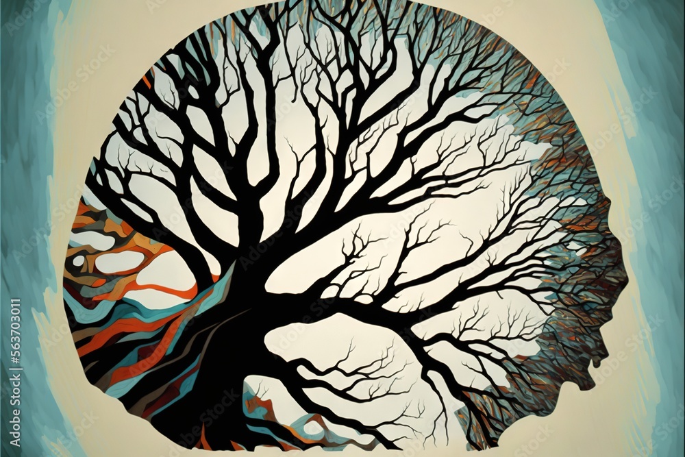 Poster a tree with a colorful swirl in the middle of it's trunk and branches in the center of the circle, w