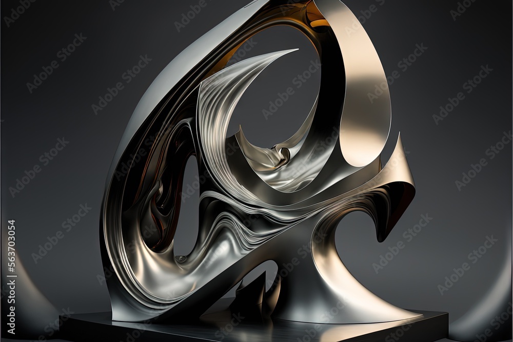 Poster a sculpture of a silver and gold object on a black surface with a black background and a white backg