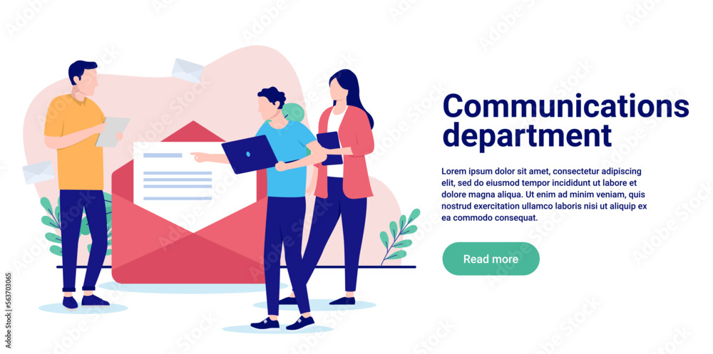 Aufkleber communication department - people working in front of e-mail envelope. flat design vector illustrati