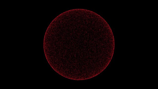 3D red sphere rotates on black background. Object consisting of flickering particles 60 FPS. Science tutorial concept. Abstract backdrop for logo, title, presentation. 3D animation.