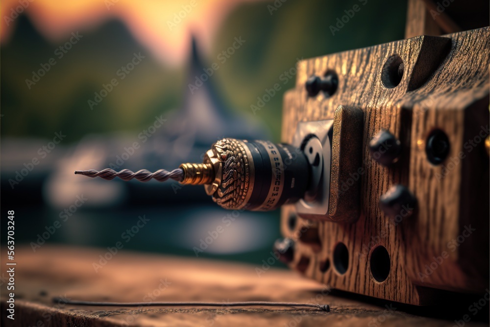 Poster a drill is attached to a wooden block with a screwdriver on it's end and a blurry background of a la