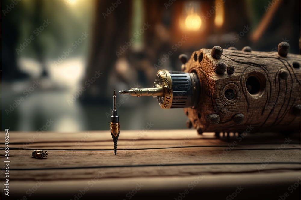 Poster a wooden object with a metal tip and a small screwdriver on it's end, on a wooden table with a light