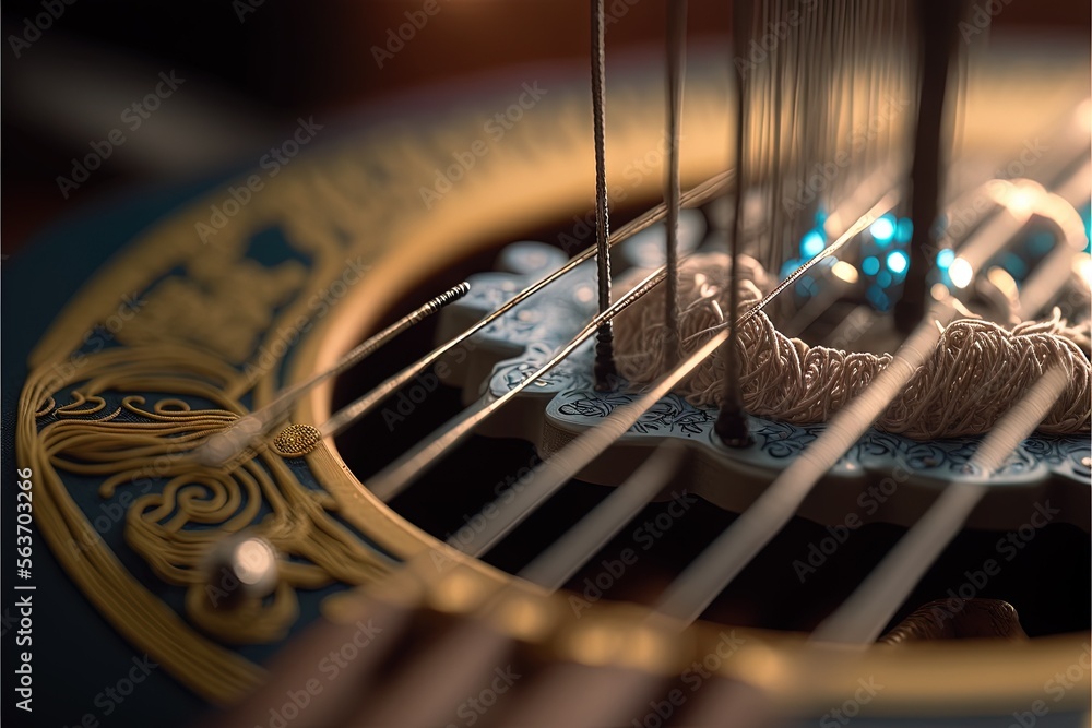 Poster a close up of a string and a machine with strings on it's sides and a circular object in the middle 
