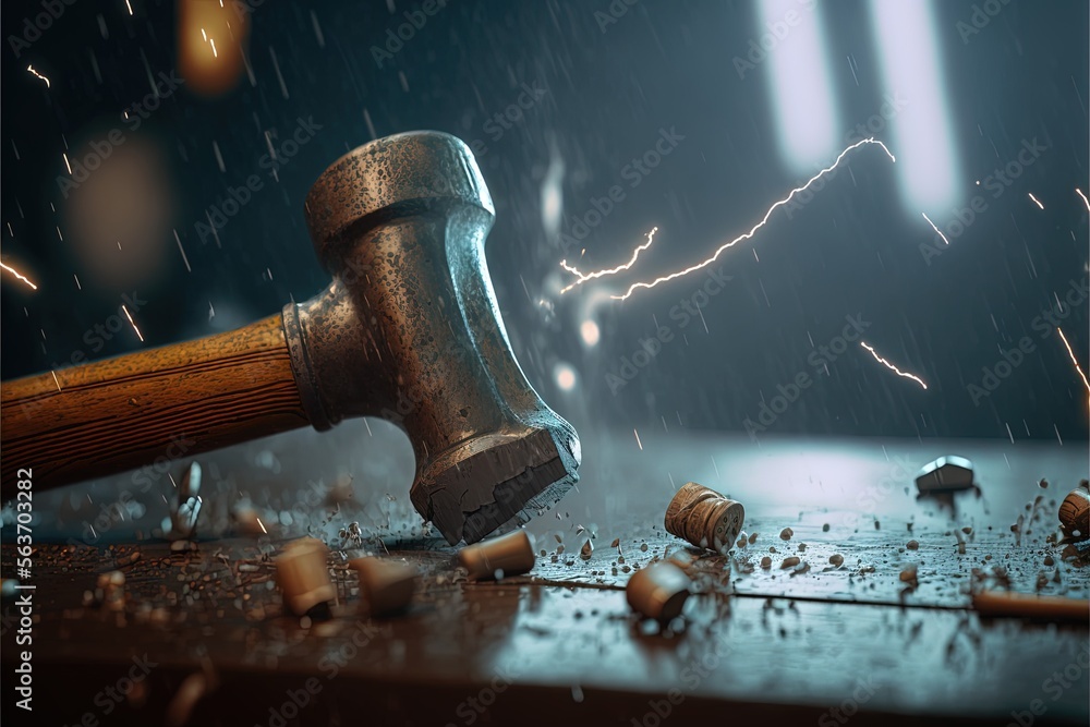 Poster a hammer hitting a nail on a table with a lightning in the background and a hammer hitting a nail on
