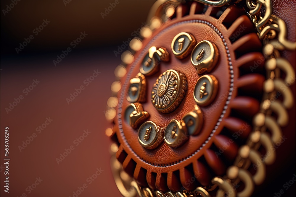 Poster a close up of a purse with a chain around it's neck and a button on the front of the purse with a go