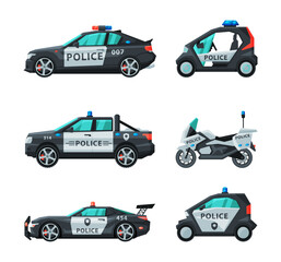 Police Car and Enforcement Vehicle with Siren Side View Vector Set