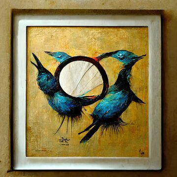 Humming Two Birds Beak Crossed Crowning The Middle Symmetric Acrylic Color Texture Circle Frame 