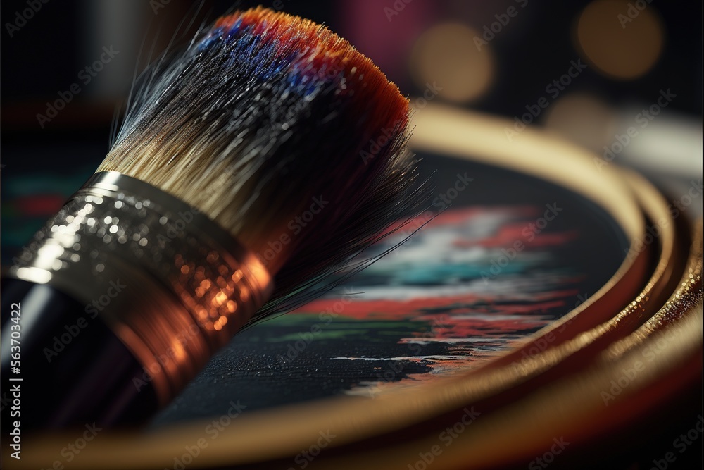 Poster a brush is sitting on a table with a picture of a flower on it and a blurry background of a painting