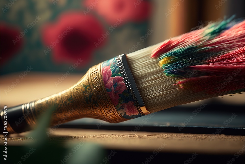 Poster a close up of a brush with a flower design on it's handle and a gold handle with a red and green han