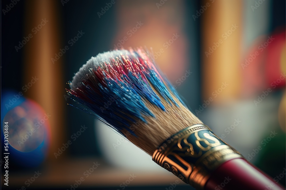 Poster a close up of a colorful brush with a blurry background of a building and a ball of thread on the ta