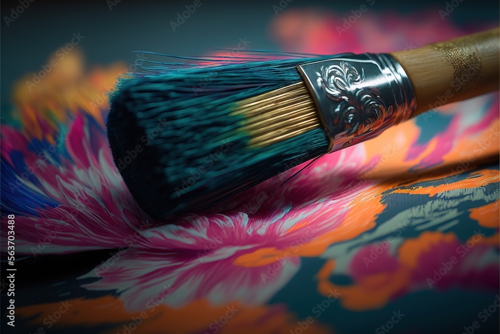 Poster  a close up of a brush with a flower pattern on it's surface and a blue handle with a gold handle on it's tip, on a colorful background with a flower pattern. , AI Generative AI