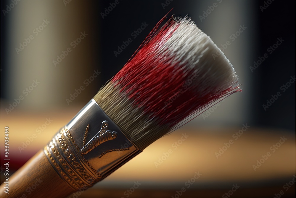 Poster a close up of a brush with a red and white bristles on it's tip and a black background with a gold b