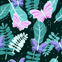 Butterfly seamless pattern and leaves. Natural print. Packaging template, graphic design, textiles, bedding and wallpaper.