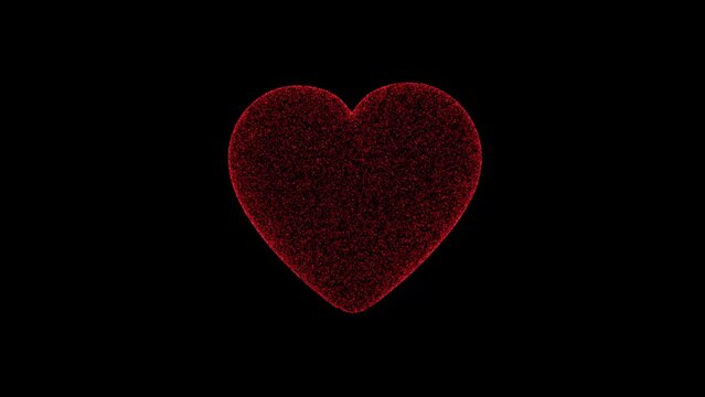 3D red heart rotates on black background. Object consisting of flickering particles 60 FPS. Science tutorial concept. Abstract backdrop for logo, title, presentation. 3D animation