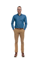 full body picture of handsome casual man with glasses posing