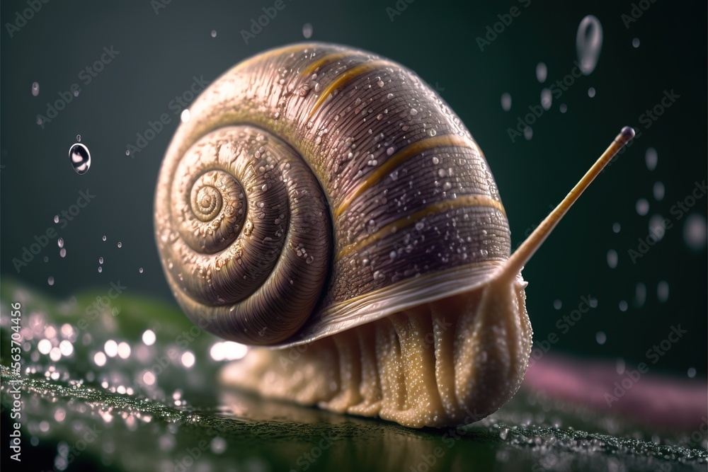 Poster a snail with a long tail and a long tail is sitting on a leaf with water droplets on it and a green 
